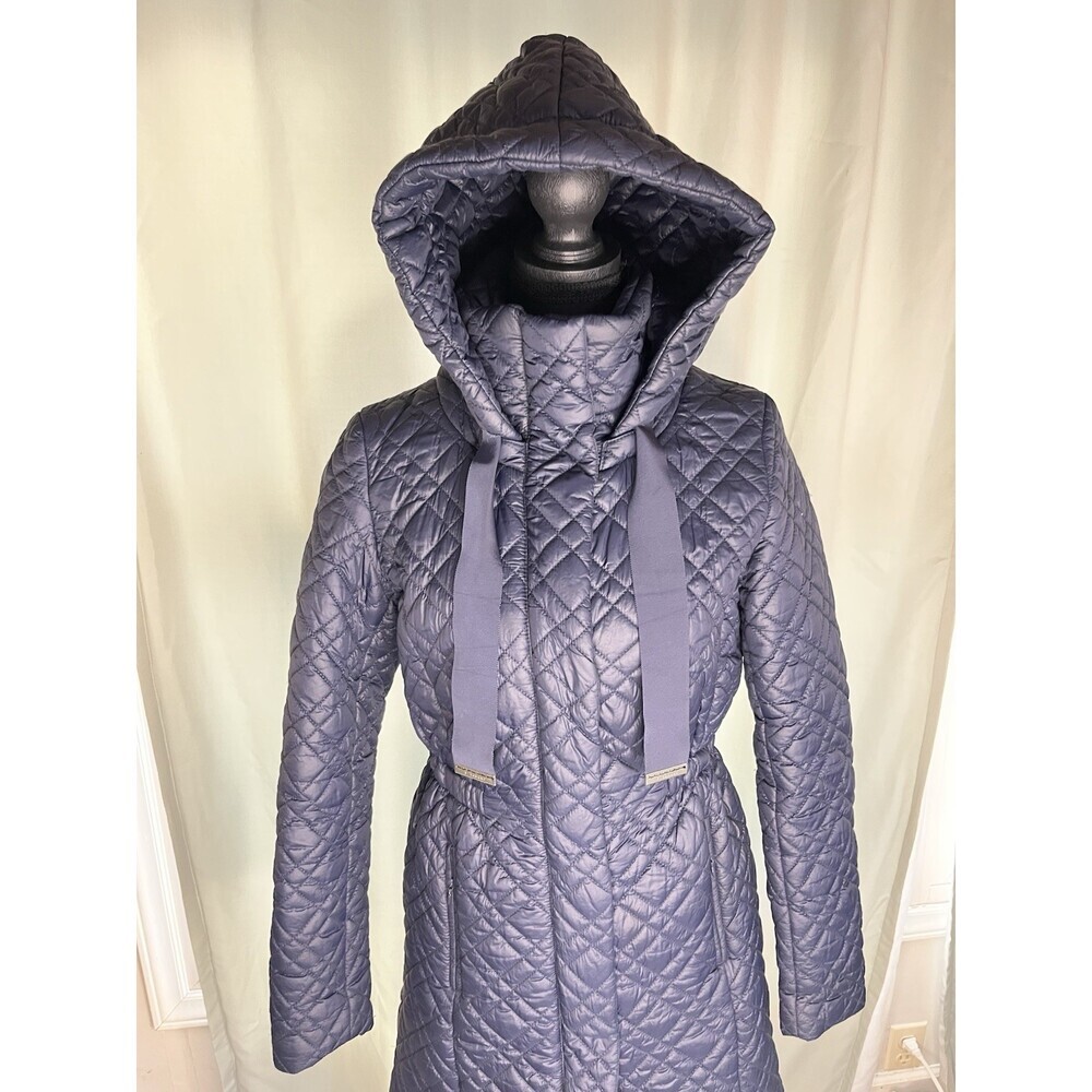 Tahari Nylon Puffer Jacket Removable Hood Navy